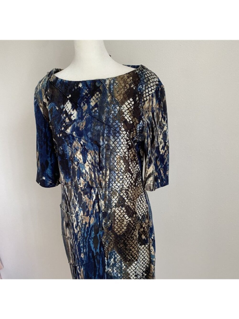 Connected Petite Womens 8P Blue Brown Snake Print Jersey Knit Sheath Dress - Picture 3 of 12